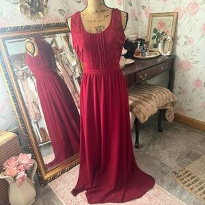 Deep Red Floral Embroidery Maxi Dress